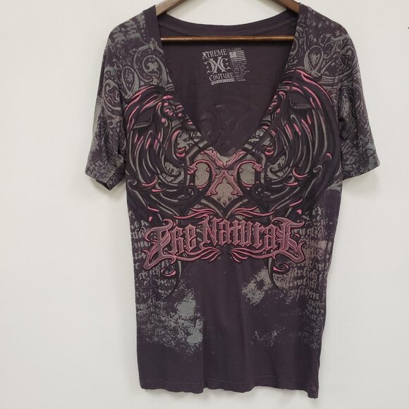 Affliction Tops - Women's Black and Pink Graphic Top